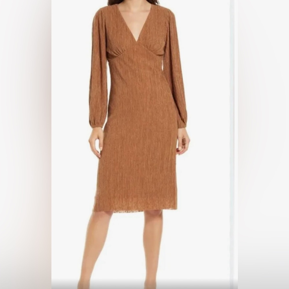 All in Favor Women's Midi Dress Bodycon Long Sleeve Metallic Brown Size Small